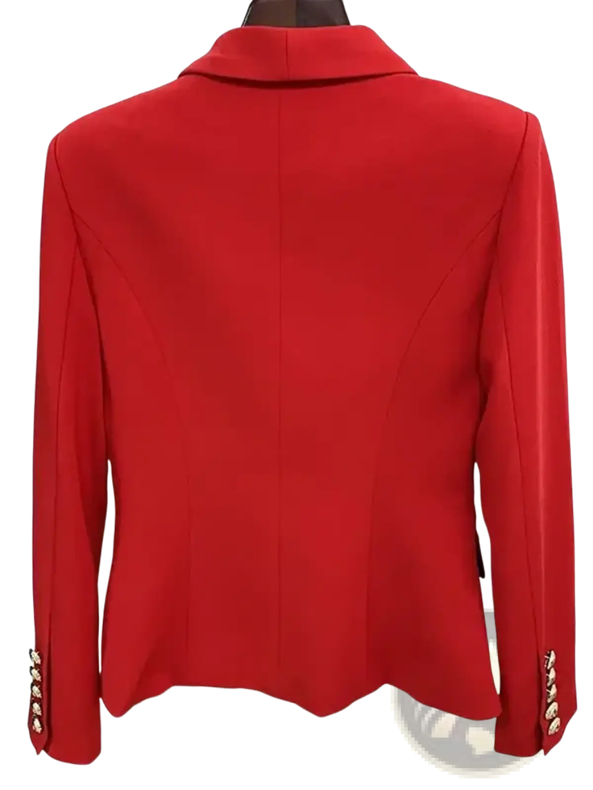 Red double breasted designer blazer for women in vibrant red with gold toned button cuff accents displayed on a mannequin