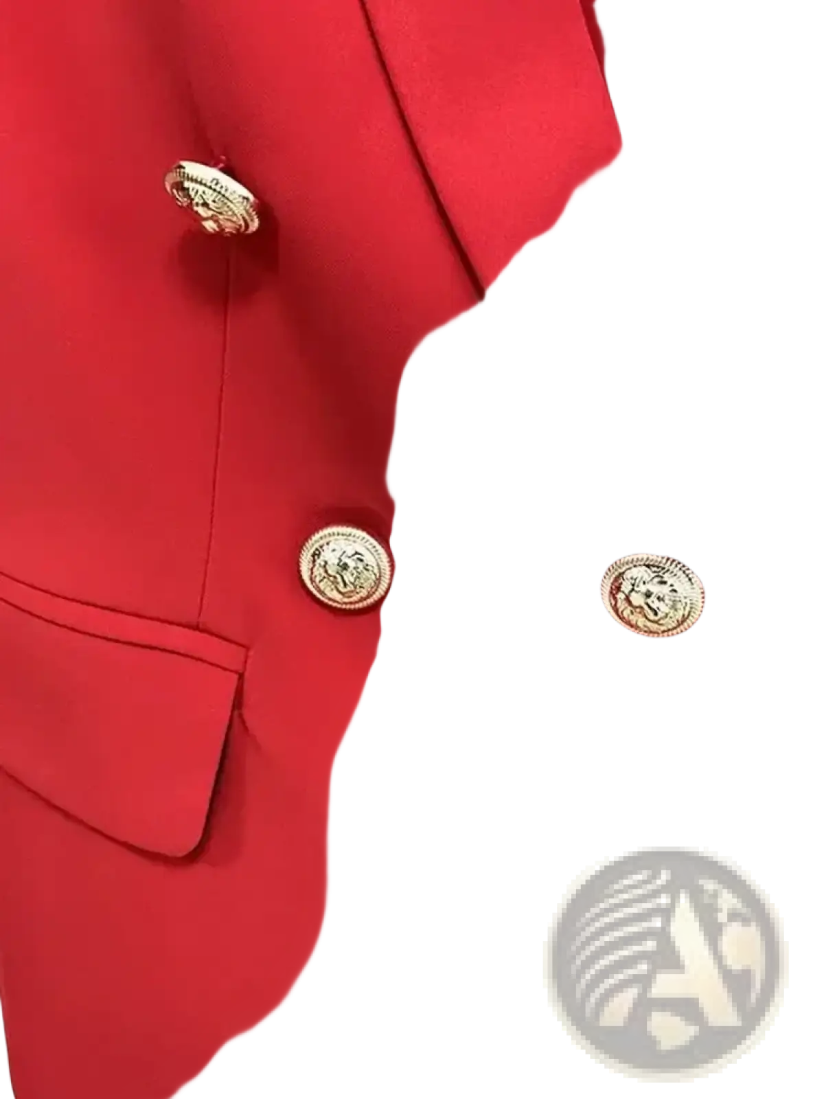 Red double breasted designer blazer for women with vibrant red fabric and ornate gold lion head buttons