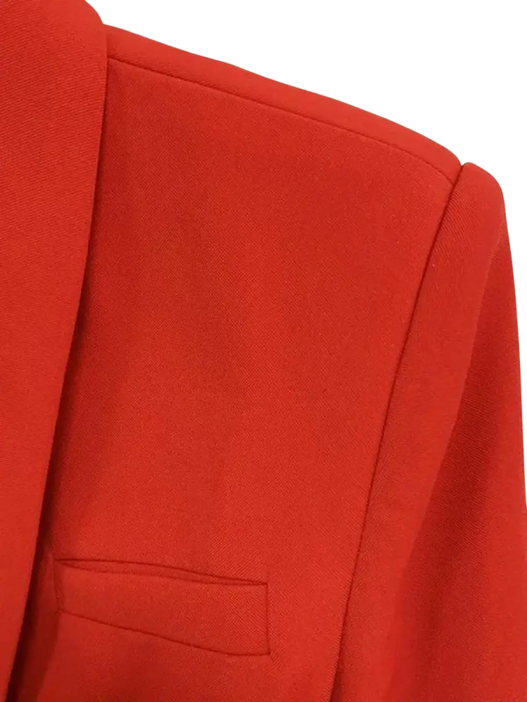 Red double breasted designer blazer for women with vibrant red color structured shoulders and subtle textured weave