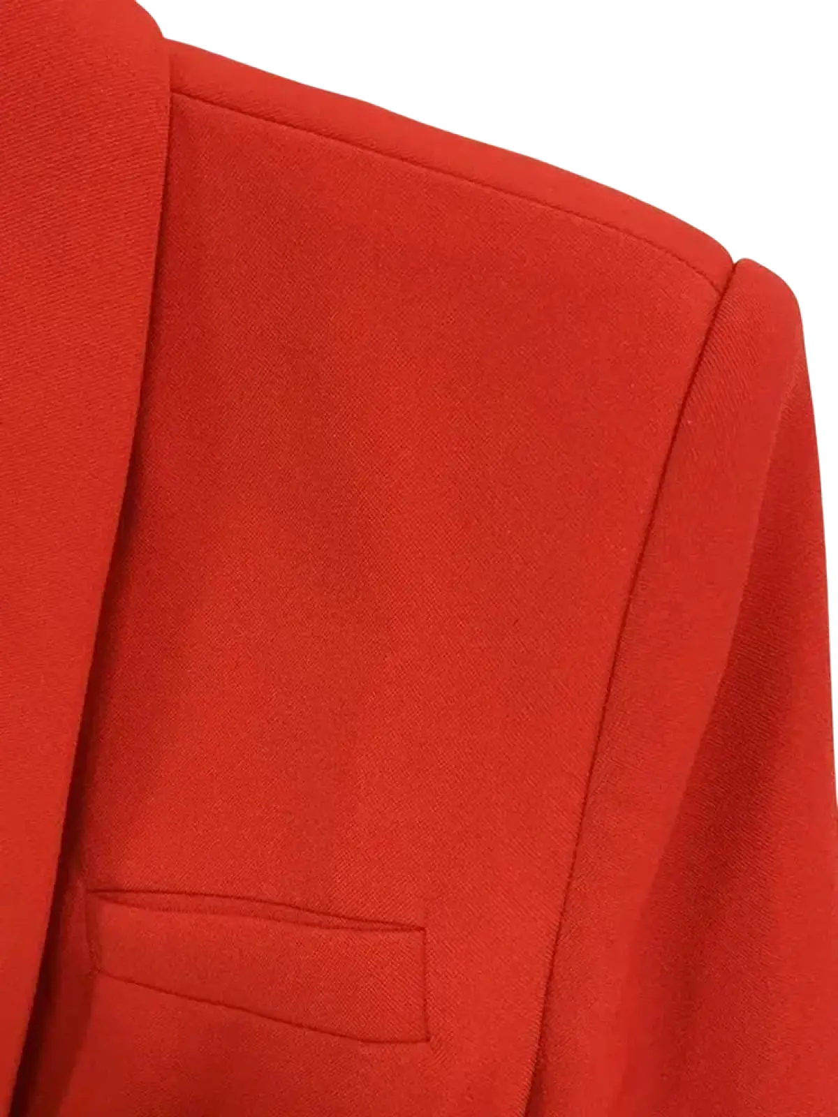 Red double breasted designer blazer for women with vibrant red color structured shoulders and subtle textured weave