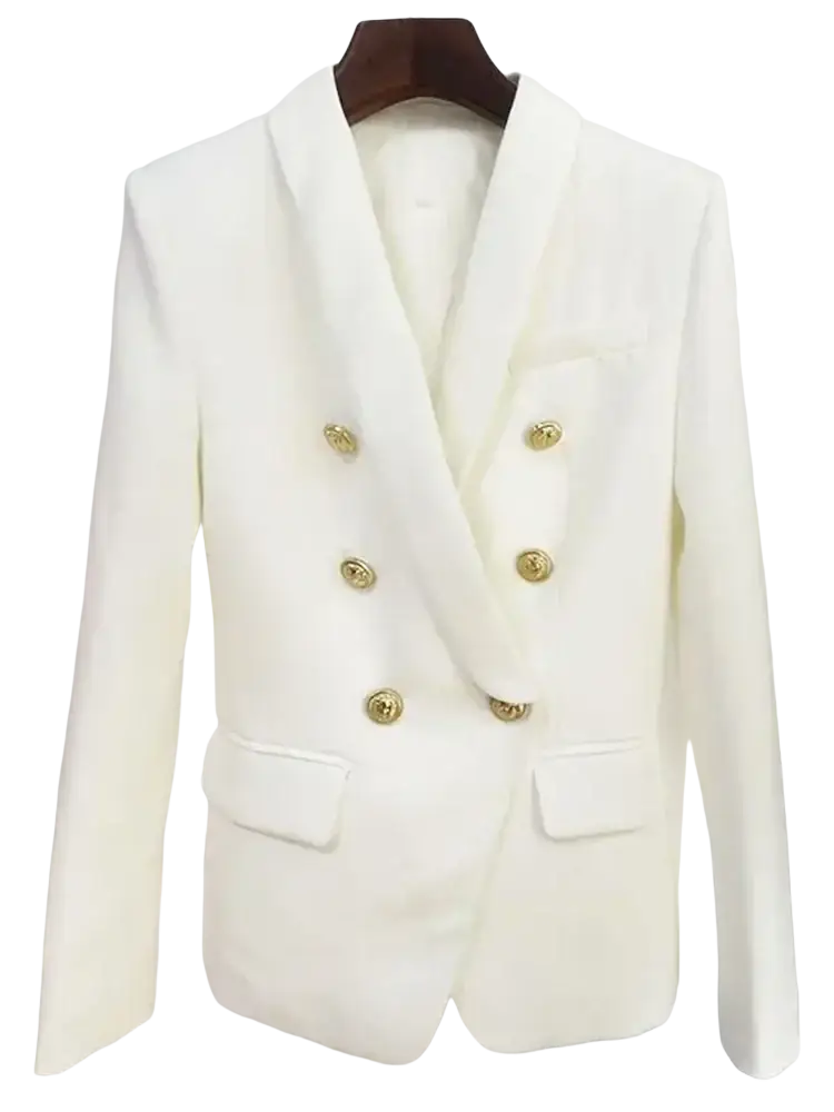 White double-breasted designer blazer for women with gold-toned buttons and tailored fit