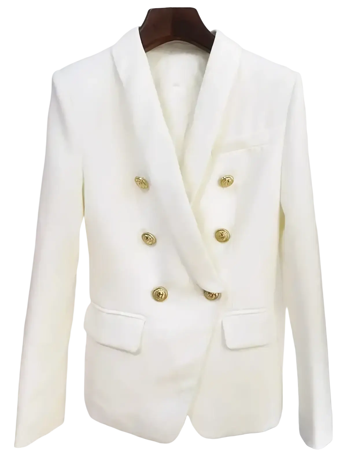 White double-breasted tailored blazer for women with gold-toned buttons from the red double-breasted designer collection