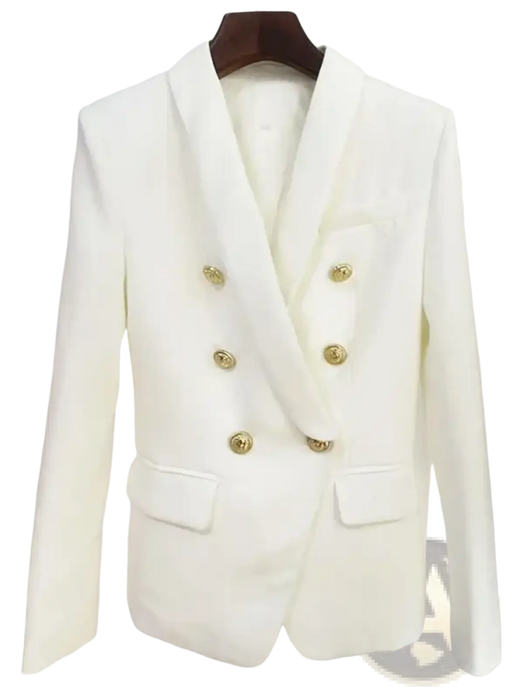 White double-breasted designer blazer for women with gold-toned buttons and tailored fit