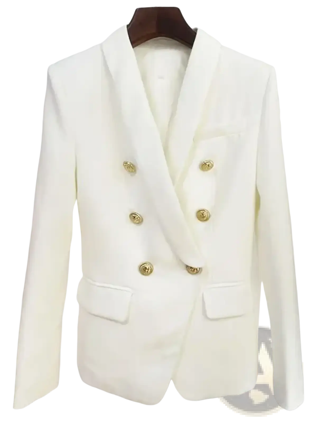 White double-breasted designer blazer for women with gold-toned buttons and tailored fit