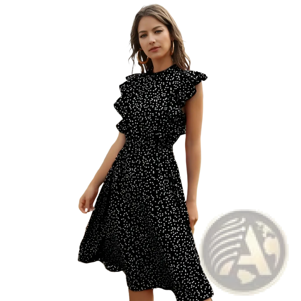 Black dress with white polka dots featuring ruffled sleeves complements red floral chiffon ruffle maxi dress style
