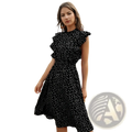 Black dress with white polka dots featuring ruffled sleeves complements red floral chiffon ruffle maxi dress style