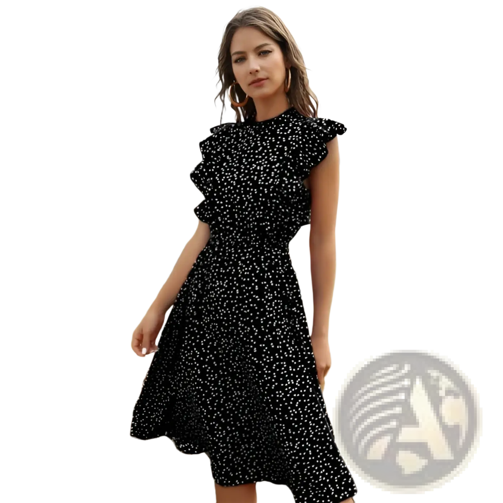 Black dress with white polka dots featuring ruffled sleeves complements red floral chiffon ruffle maxi dress style