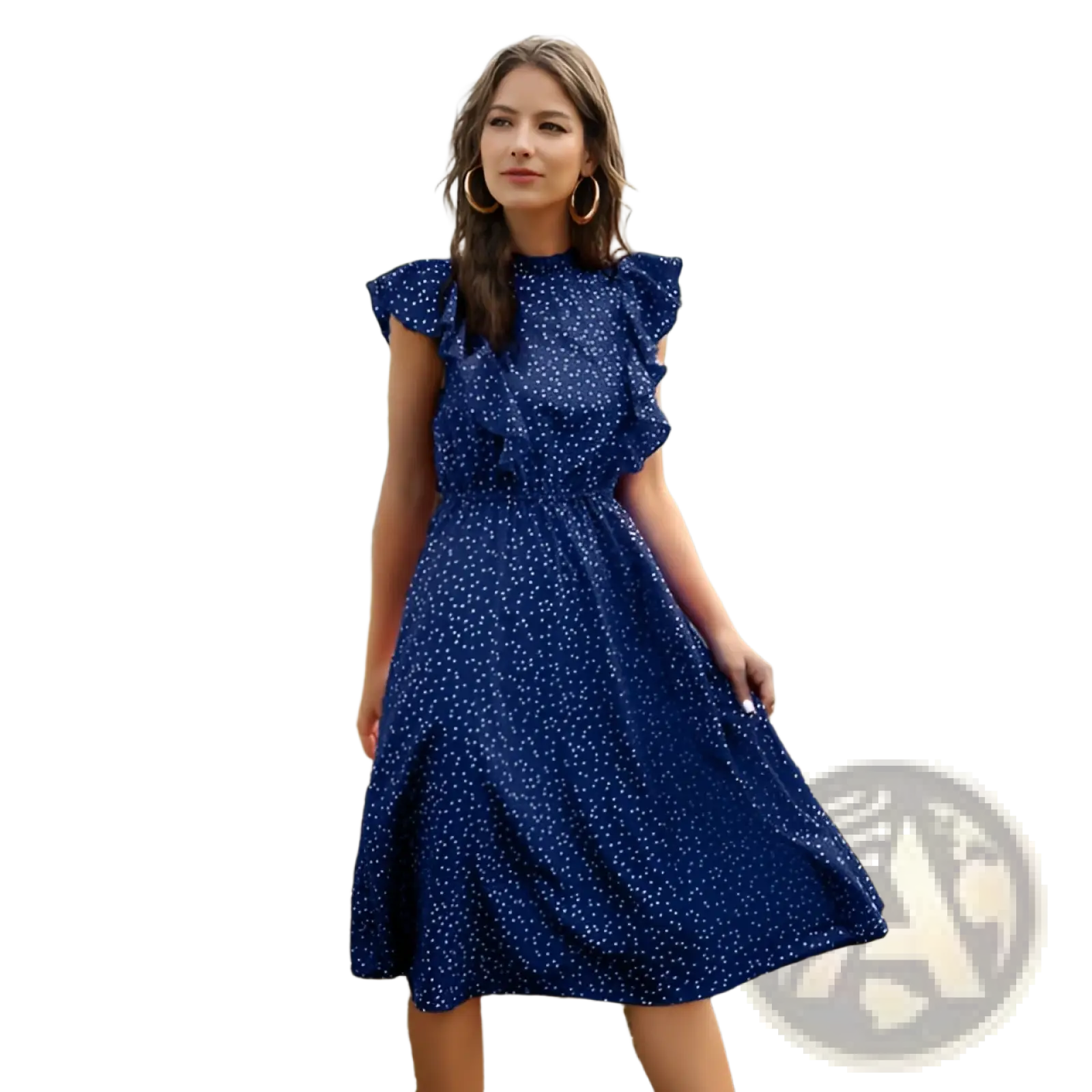 Navy blue midi dress with white polka dots and ruffled short sleeves in contrast to red floral chiffon ruffle maxi dress