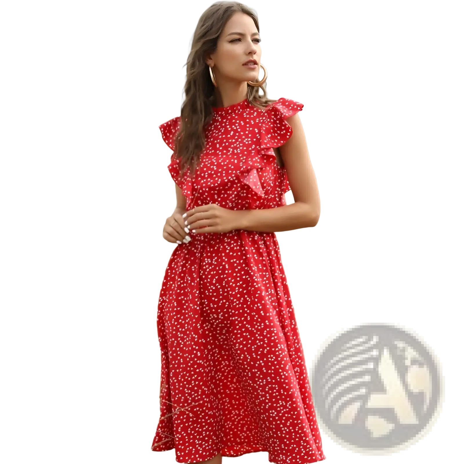 A vibrant red floral chiffon midi dress with ruffled shoulder details in a stylish maxi dress design