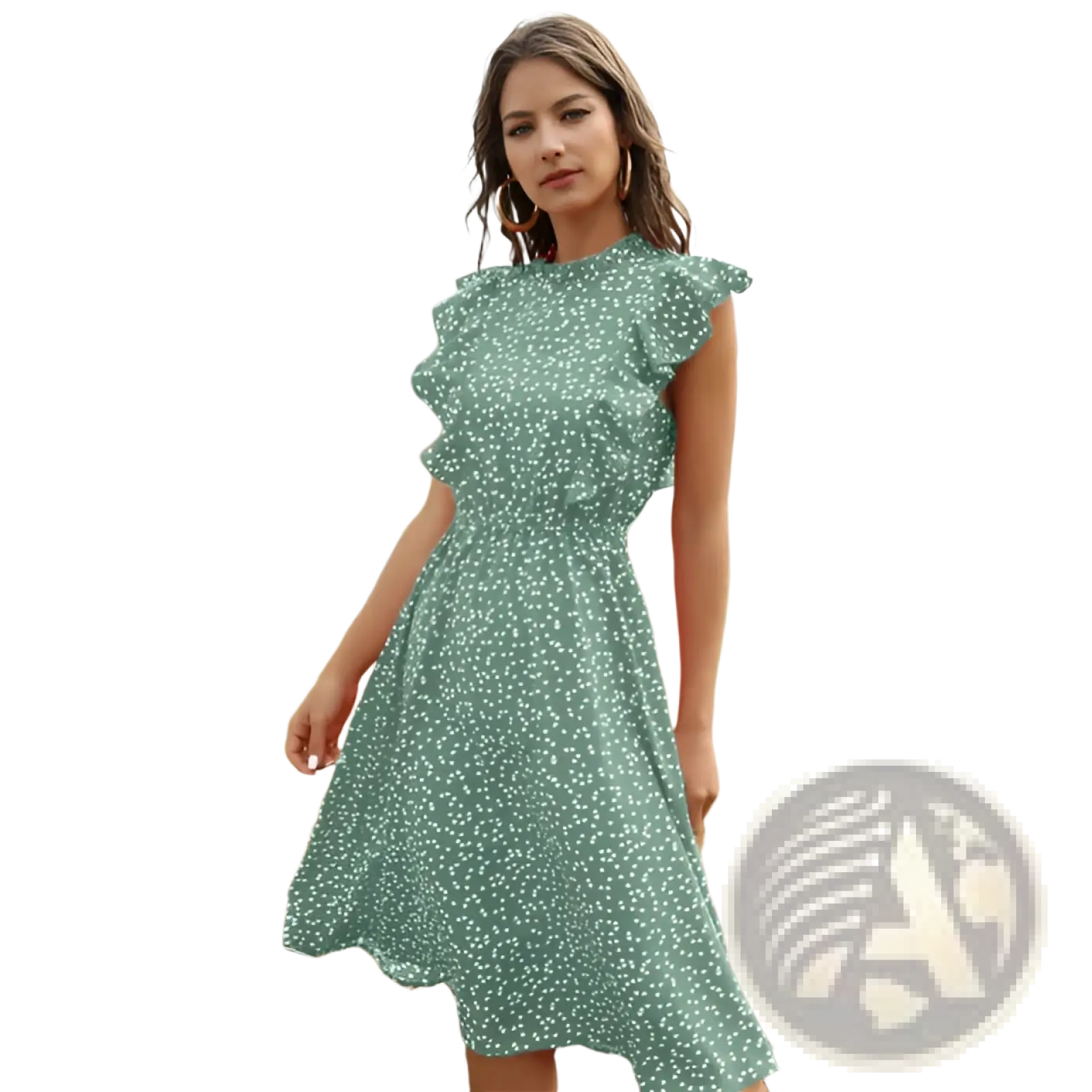 A green polka dot dress with ruffled sleeves contrasting a red floral chiffon ruffle maxi dress product title