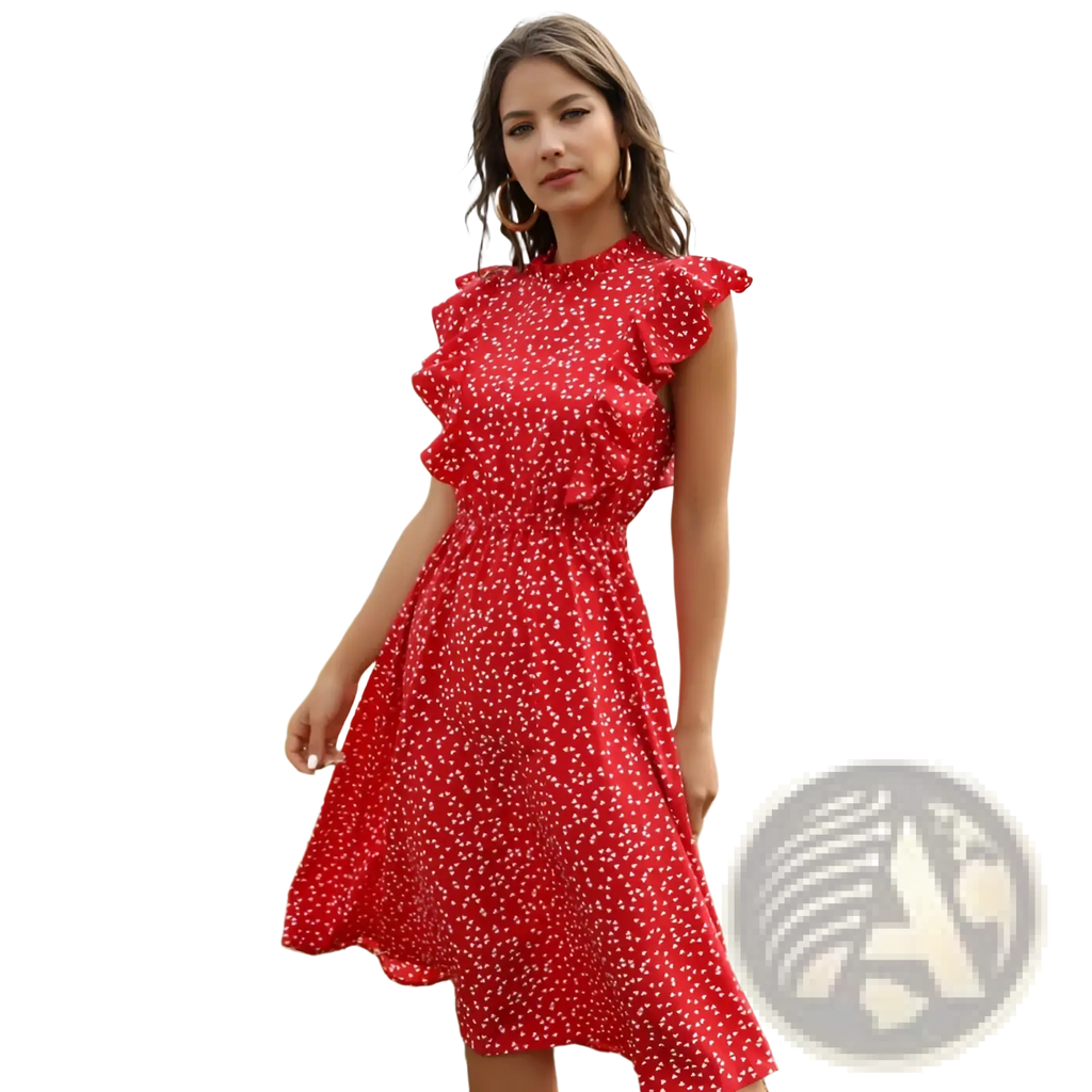 A vibrant red chiffon midi dress with delicate white floral patterns and ruffled short sleeves