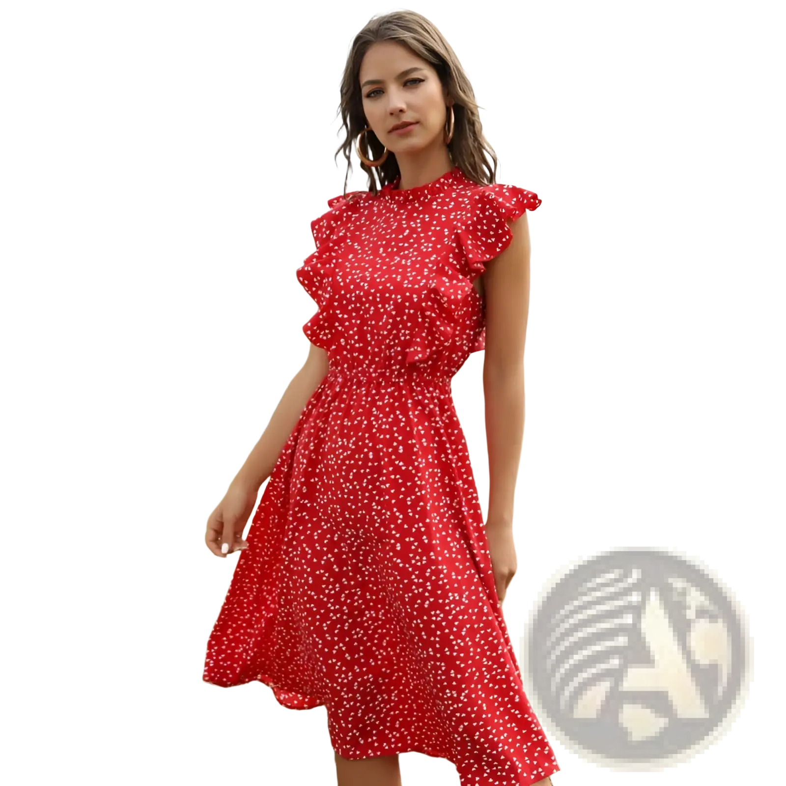A vibrant red chiffon midi dress with delicate white floral patterns and ruffled short sleeves
