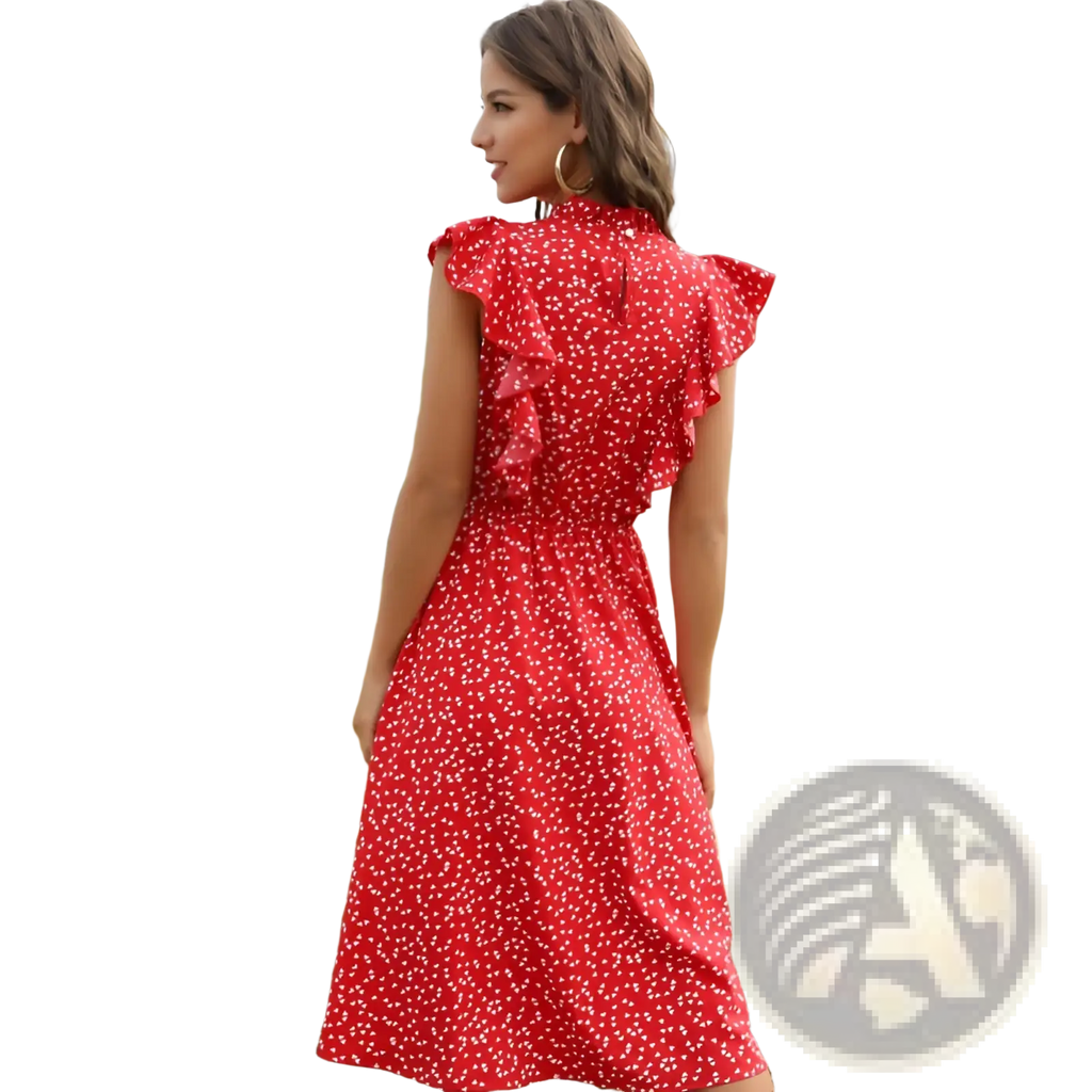 A vibrant red chiffon midi dress with delicate white floral patterns and ruffled shoulder details