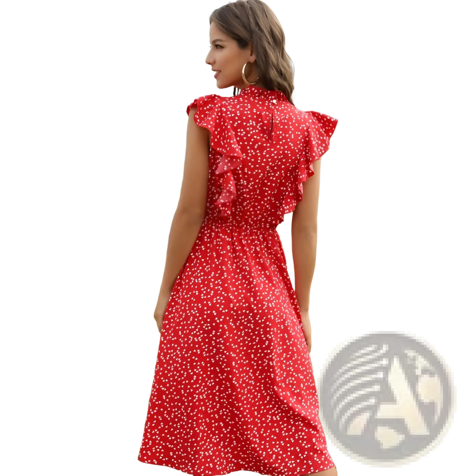 A vibrant red chiffon midi dress with delicate white floral patterns and ruffled shoulder details