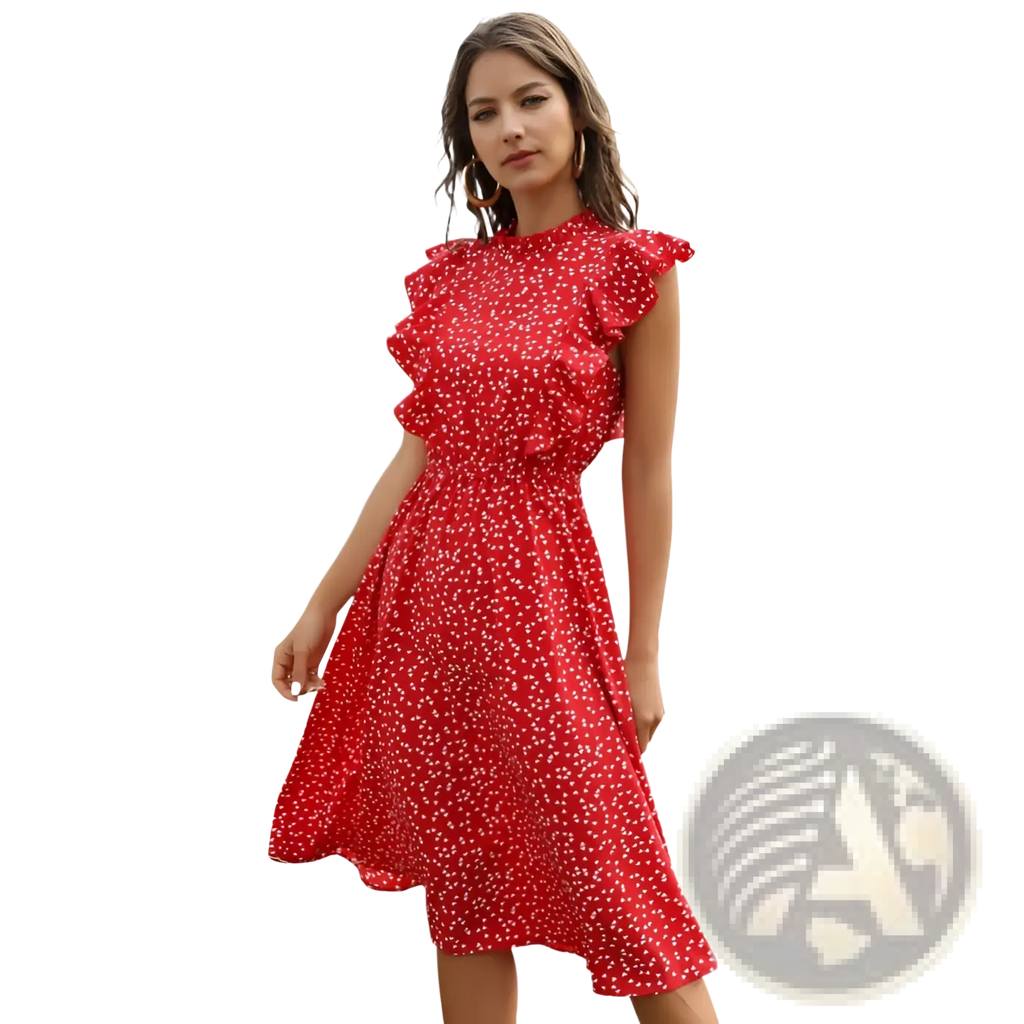 A vibrant red chiffon midi dress with delicate white floral patterns and ruffled cap sleeves