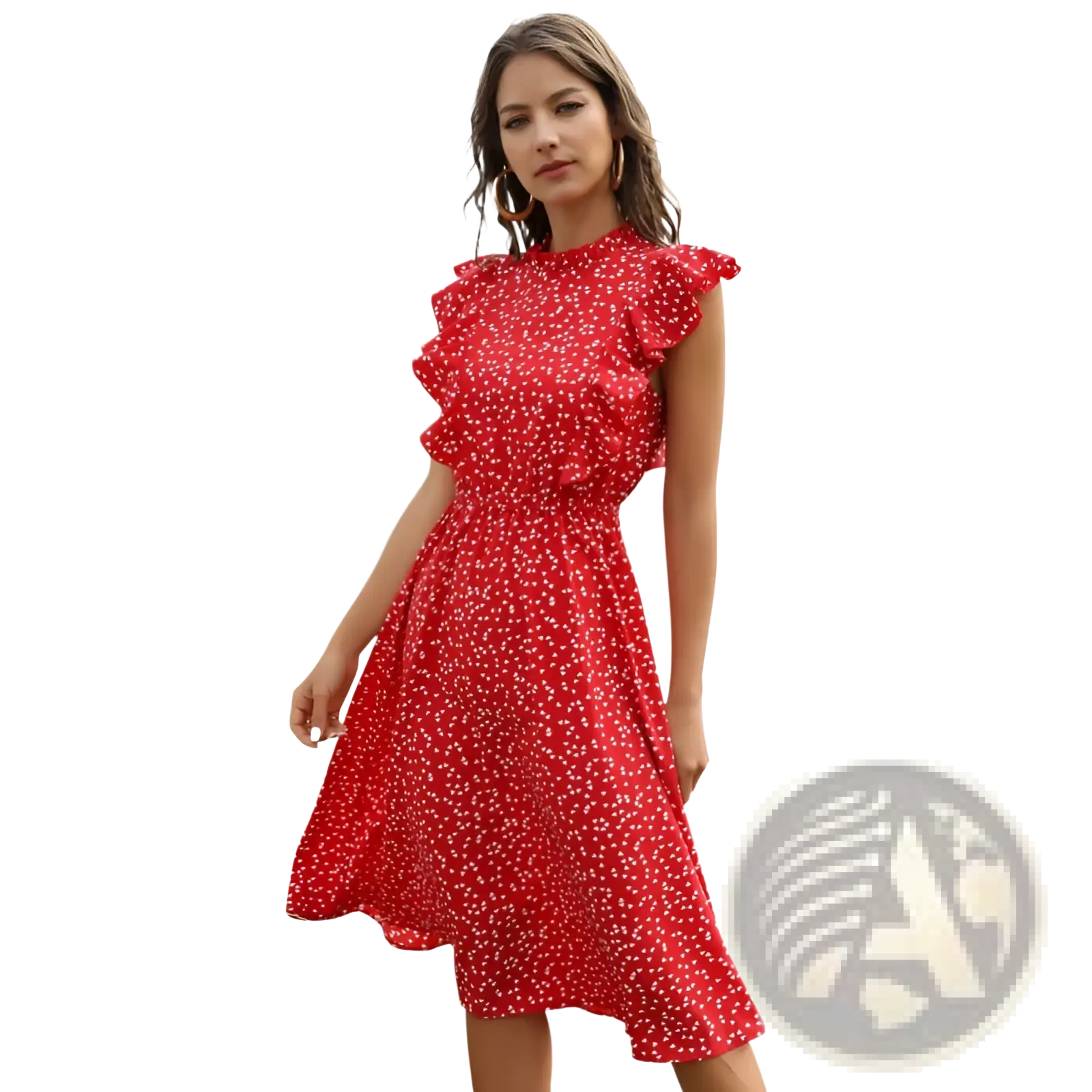 A vibrant red chiffon midi dress with delicate white floral patterns and ruffled cap sleeves