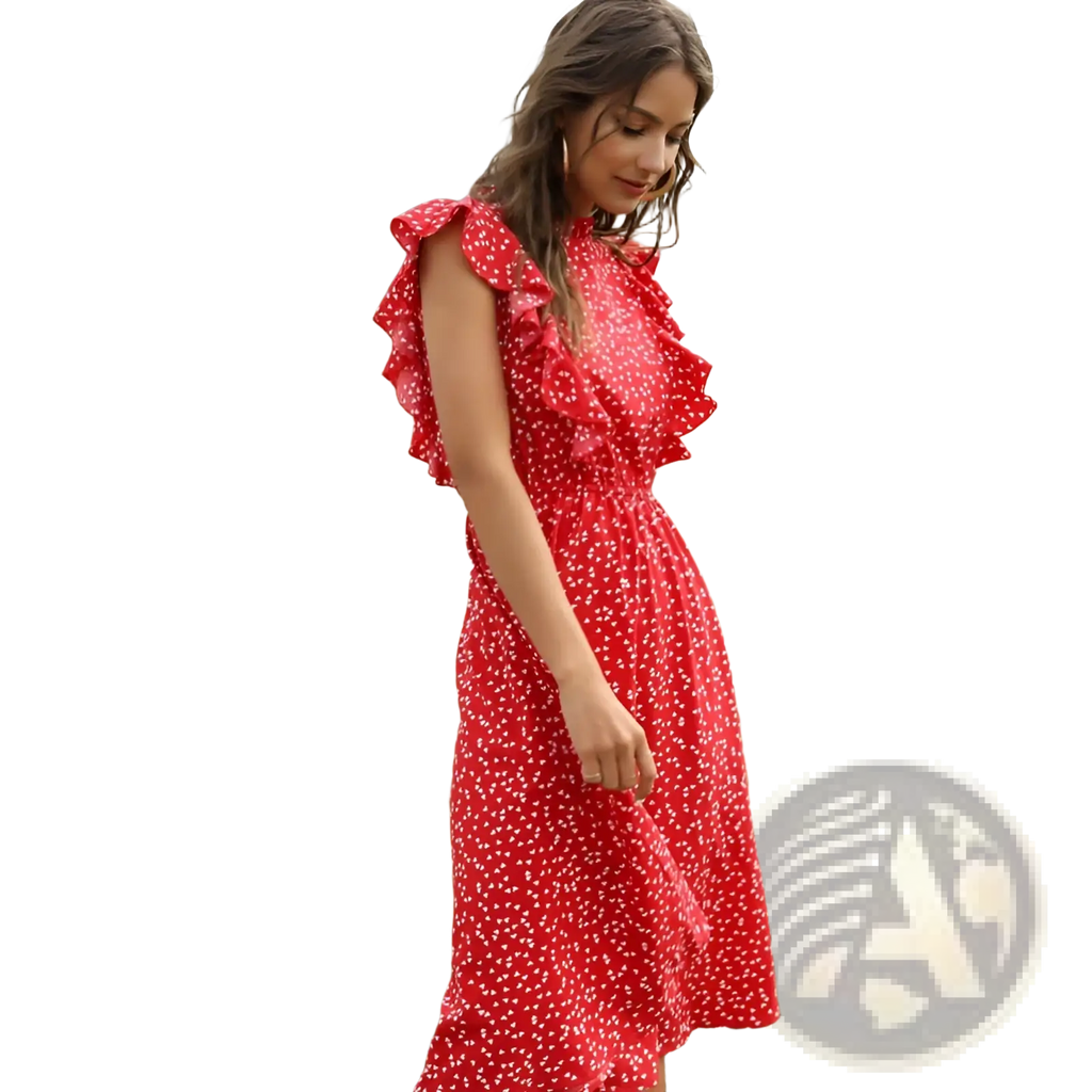 A vibrant red floral chiffon maxi dress with delicate white patterns and ruffled shoulder details