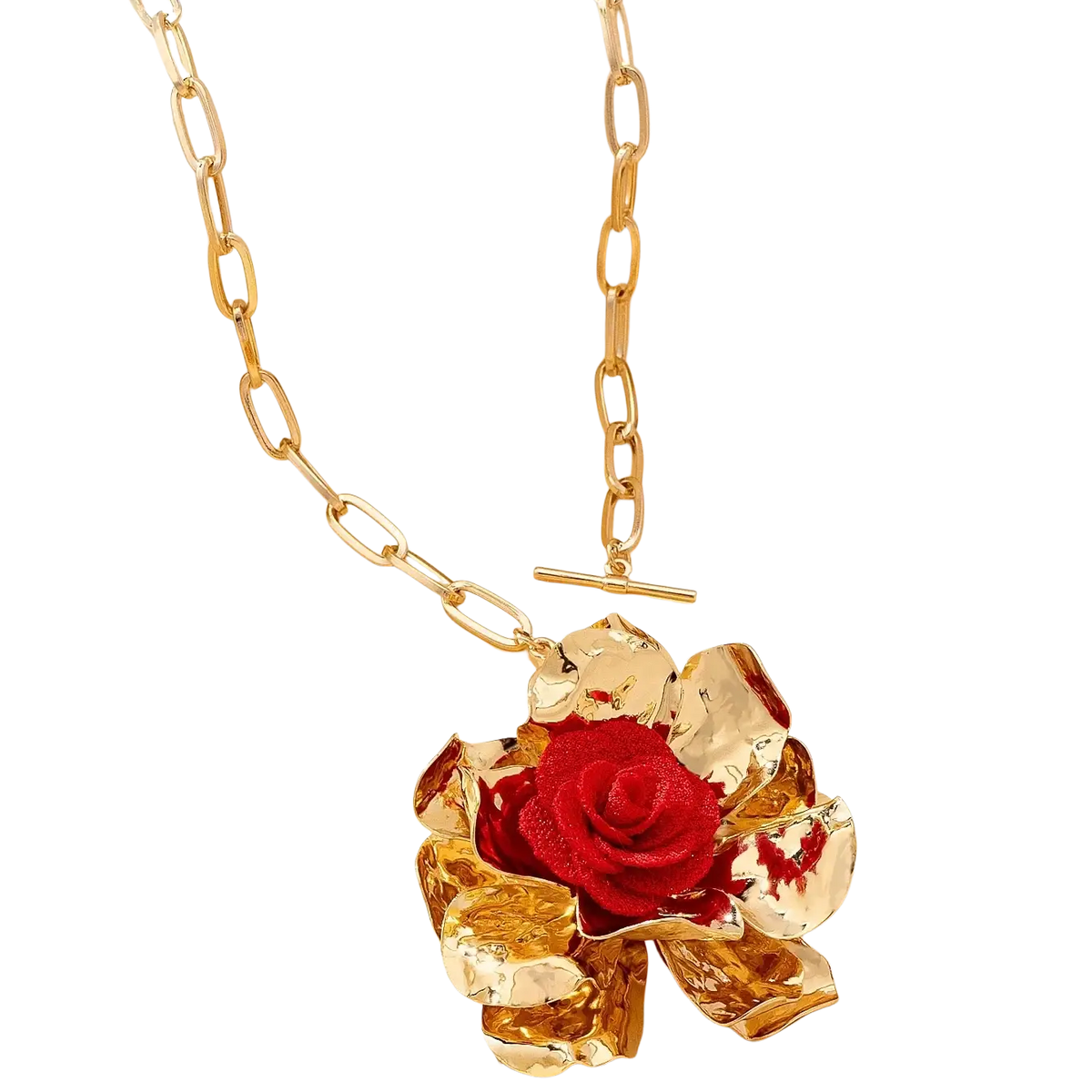 Gold chain necklace featuring a prominent red rose pendant with metallic textured petals from red floral jewelry set