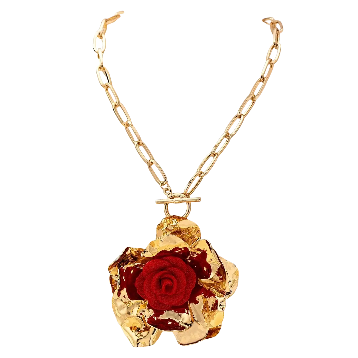 Gold chain necklace with a large textured gold rose pendant featuring a vibrant red fabric center from red floral jewelry set