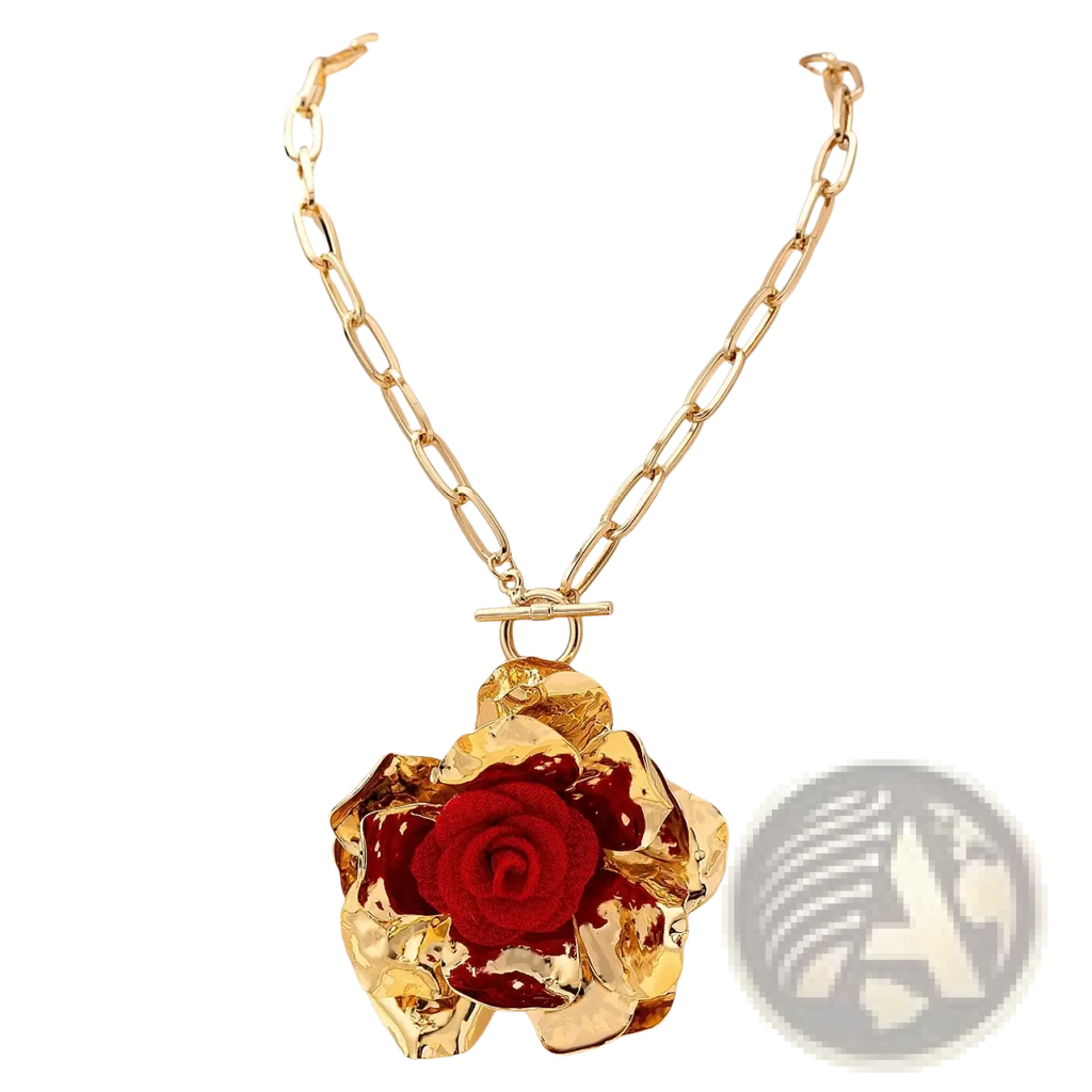 Gold chain necklace with a large textured gold rose pendant featuring a vibrant red fabric center from red floral jewelry set