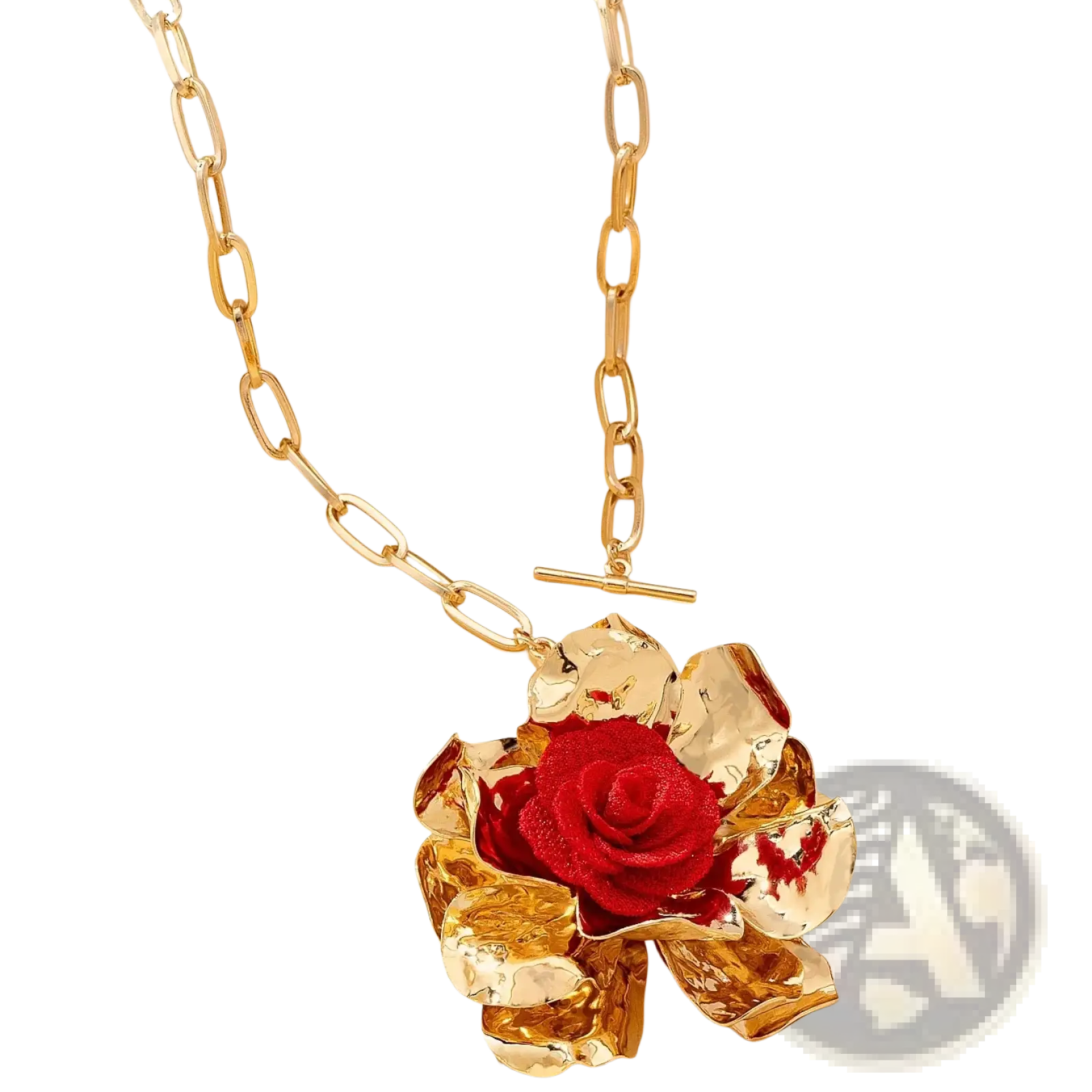 Gold chain necklace featuring a prominent red rose pendant with metallic textured petals from red floral jewelry set