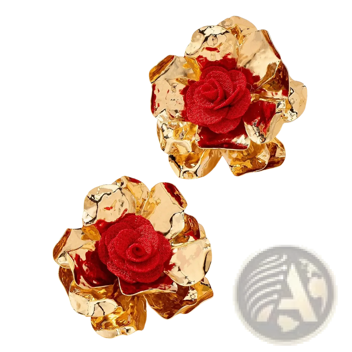 Gold-toned textured flower-shaped hair clips with vibrant red fabric roses from the red floral jewelry set