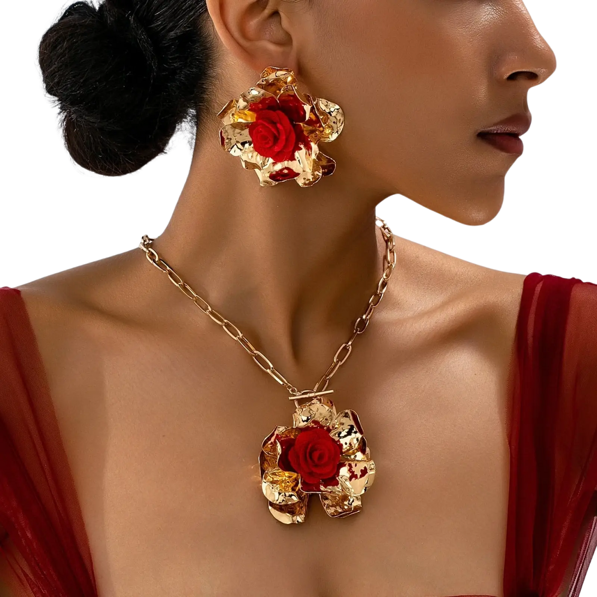 Red floral jewelry set gold rose necklace and earrings with gold-toned layered metallic petals and central red rose pendant