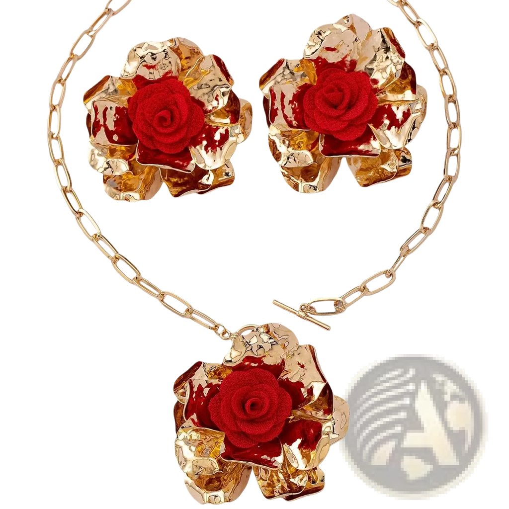 Red floral jewelry set featuring gold-toned necklace and earrings with vibrant red fabric roses and textured gold leaves