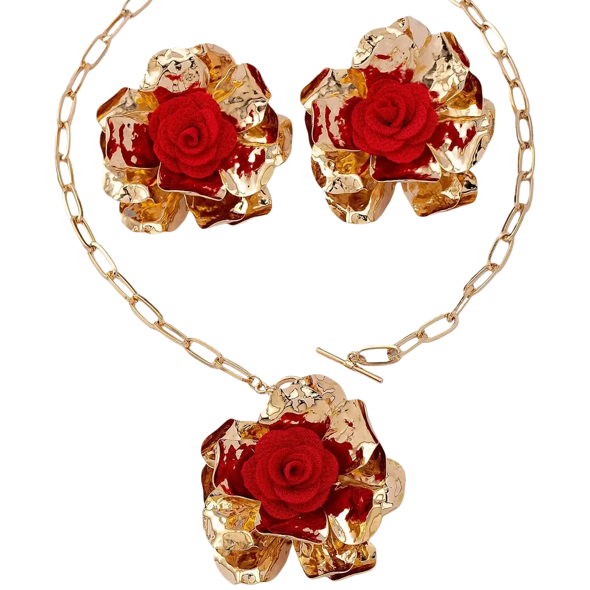 Red floral jewelry set featuring gold-toned necklace and earrings with vibrant red fabric roses and textured gold leaves