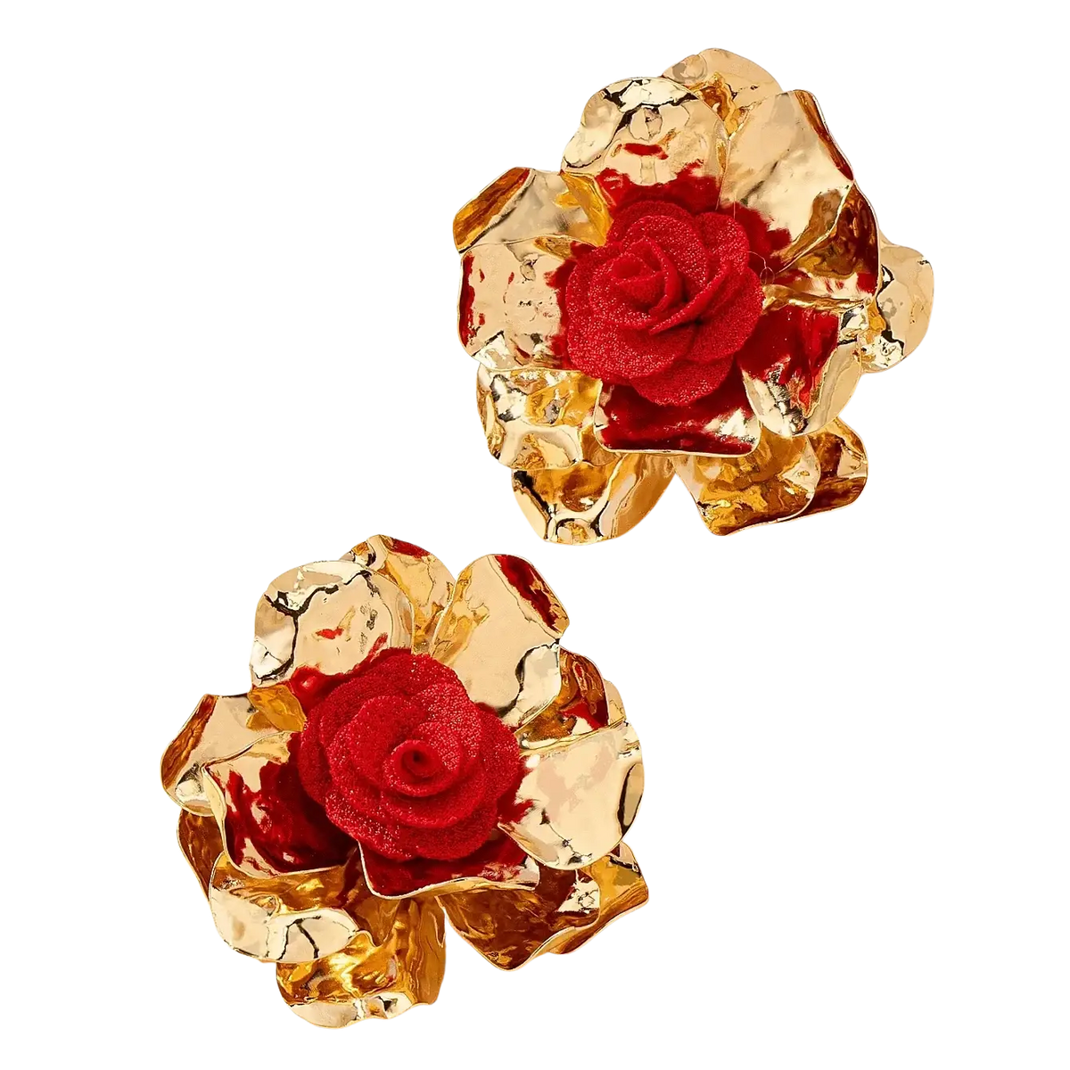 Gold-toned textured flower-shaped hair clips with vibrant red fabric roses from the red floral jewelry set
