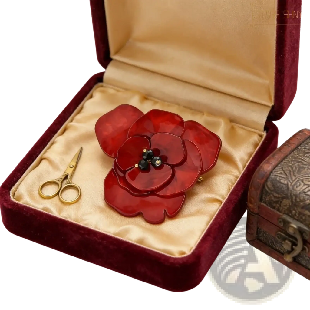 A glossy red enamel flower brooch with layered petals and black gemstone center in an elegant velvet box
