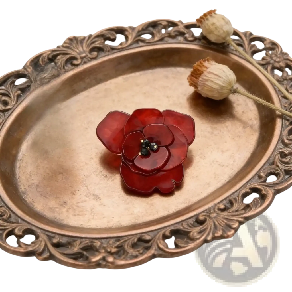 A glossy crimson red enamel poppy pin brooch shaped like a layered flower with a dark center accent