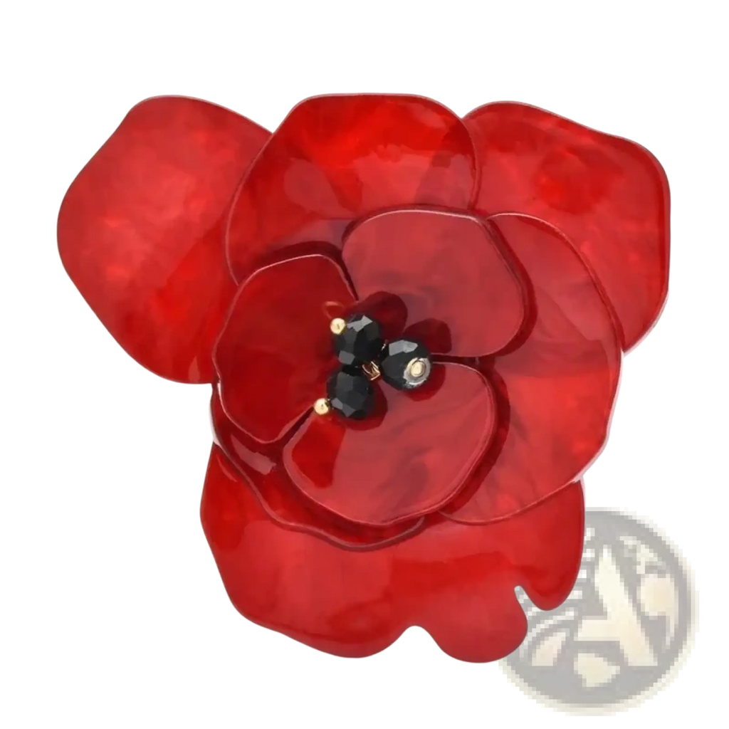 Red flower brooch enamel poppy pin featuring vibrant red glossy resin with black faceted beads and gold-toned accents