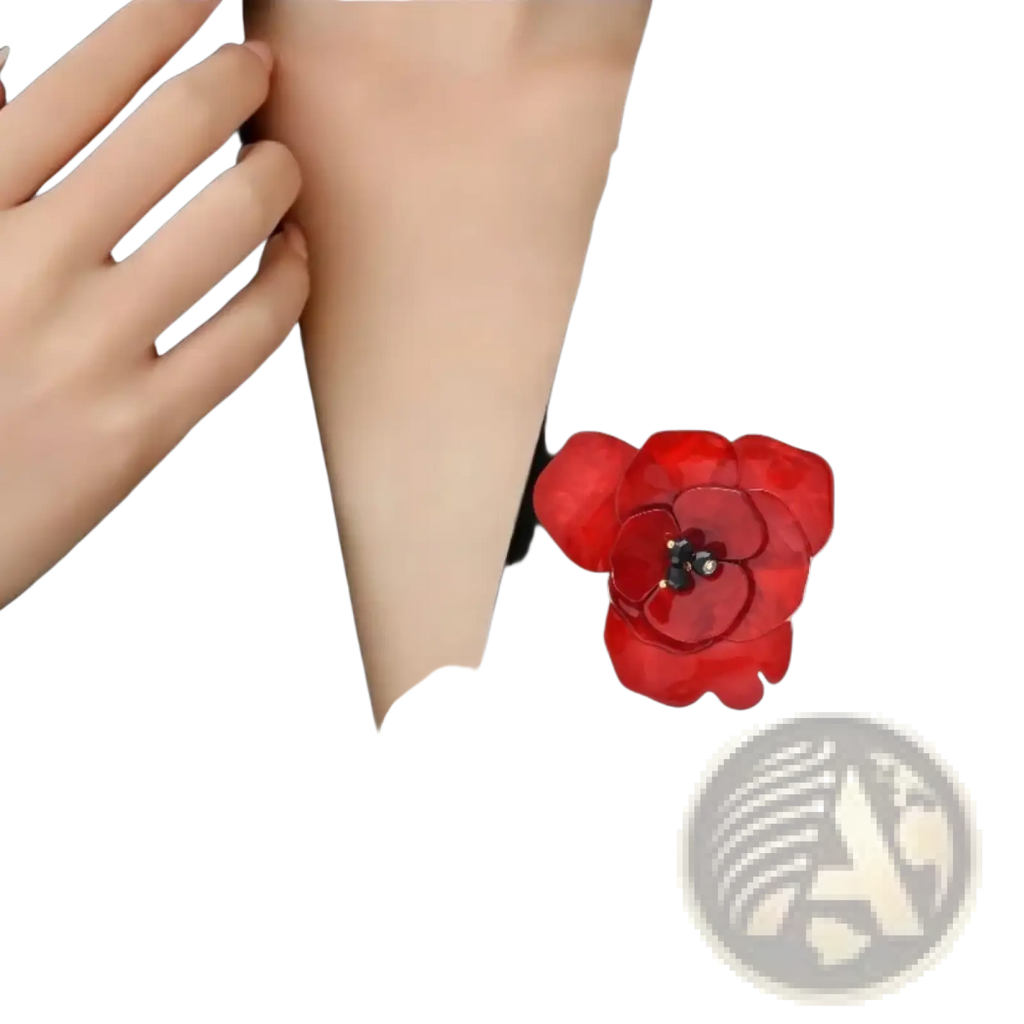 Red flower brooch enamel poppy pin featuring vibrant red layered petals and a dark center accent fashion jewelry
