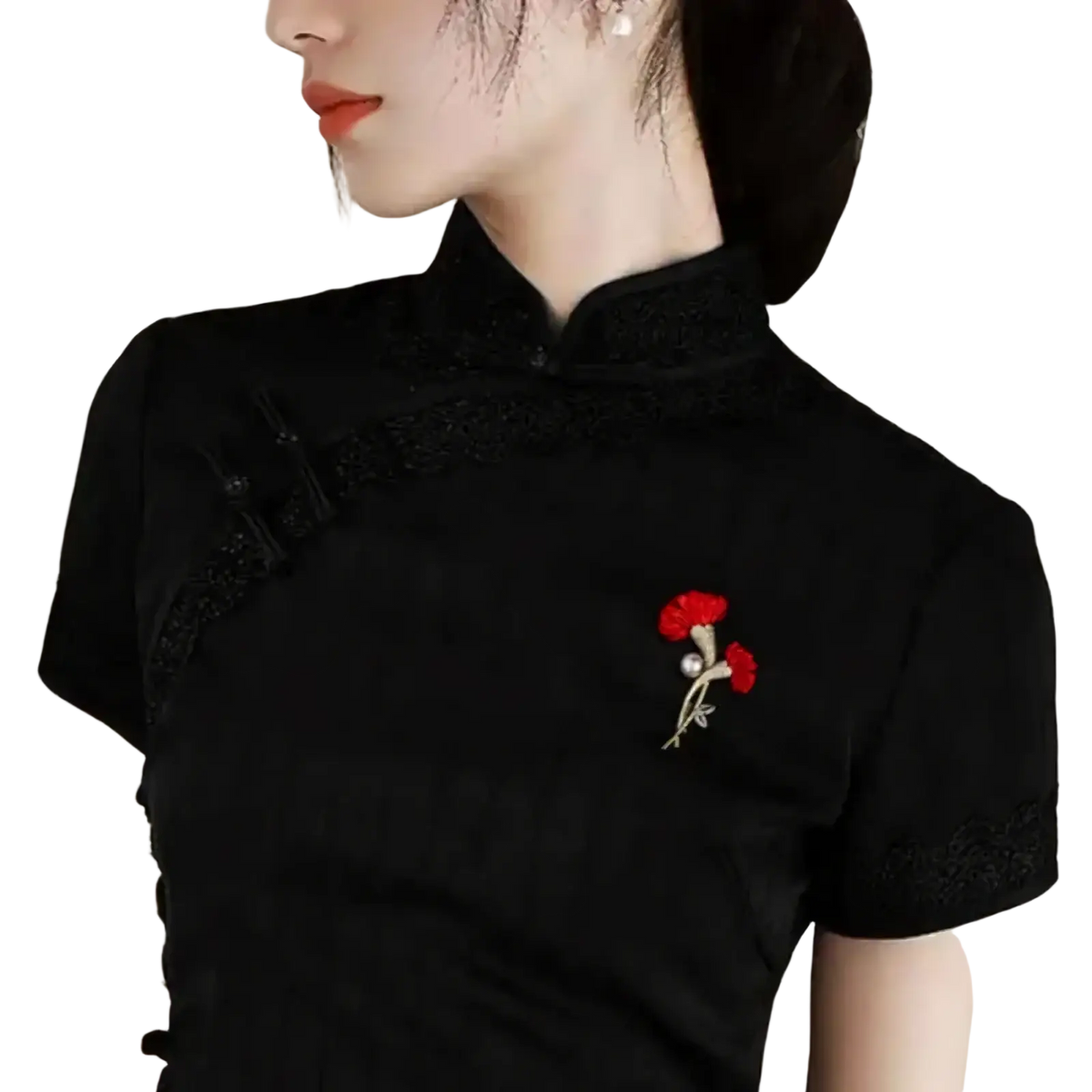 Black embroidered floral brooch with red petals and a pearl center featuring crystal accents for elegant wear