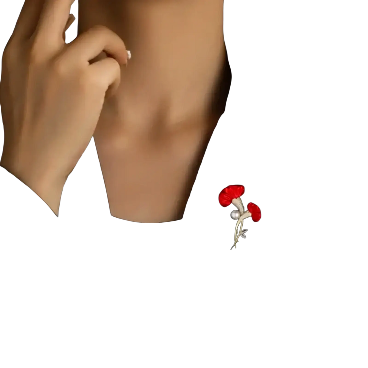 Red flower crystal pearl brooch pin with red enamel petals silver-toned stem and pearl accent on black jacket lapel
