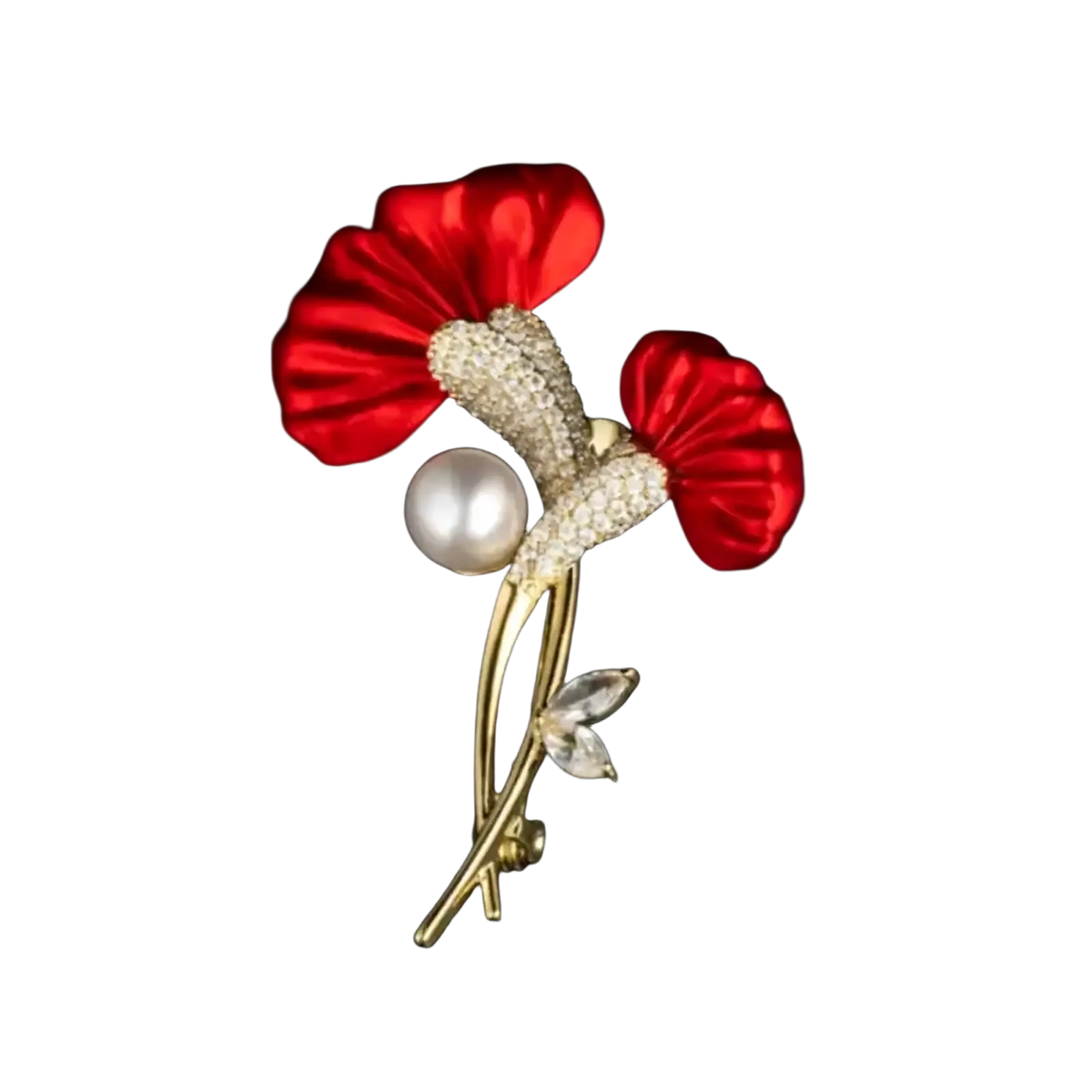Red flower crystal pearl brooch pin with gold tone, red satin petals, central pearl, and crystal stem accents