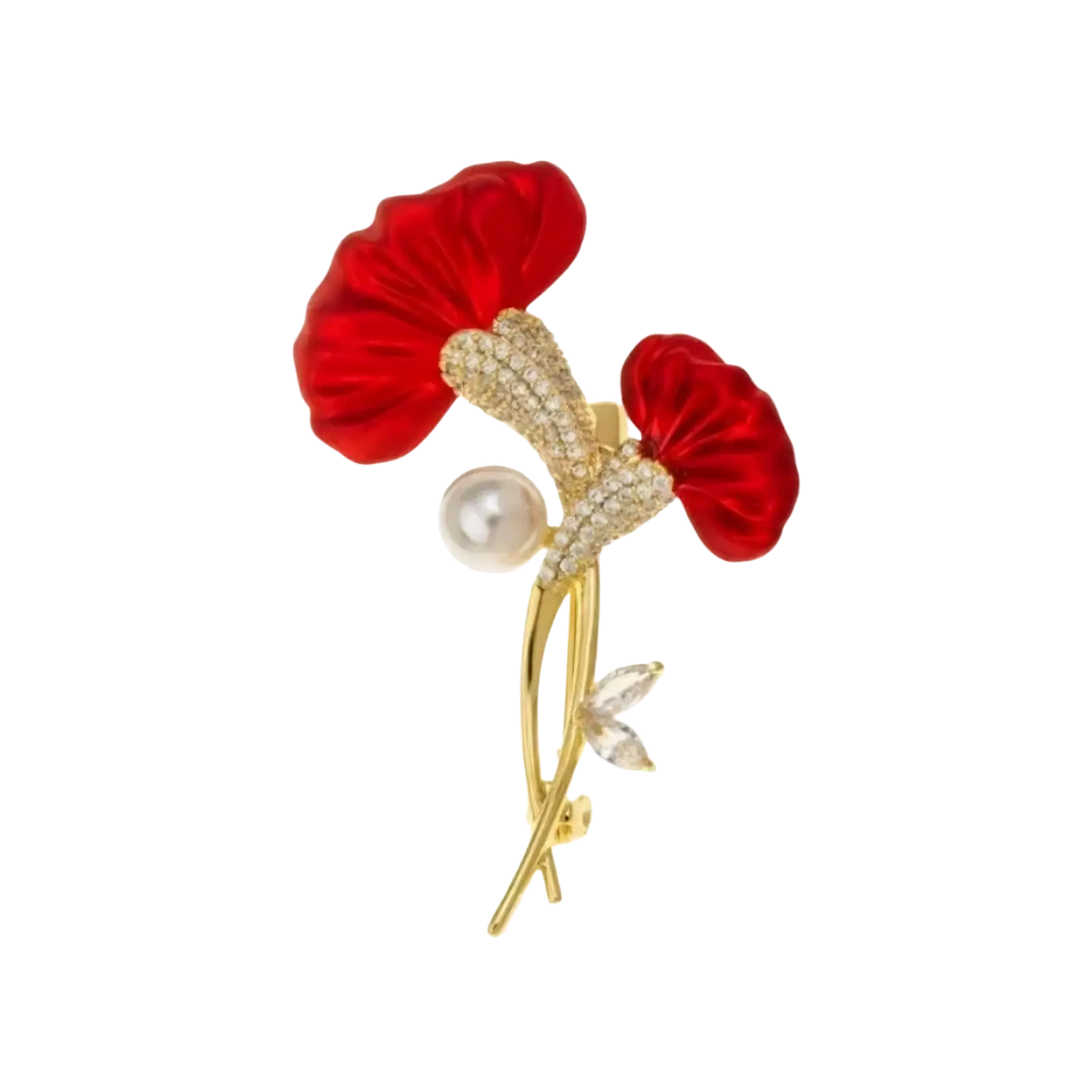 Red flower crystal pearl brooch pin with gold-toned metal, vibrant red fabric petals, central pearl, and crystal accents