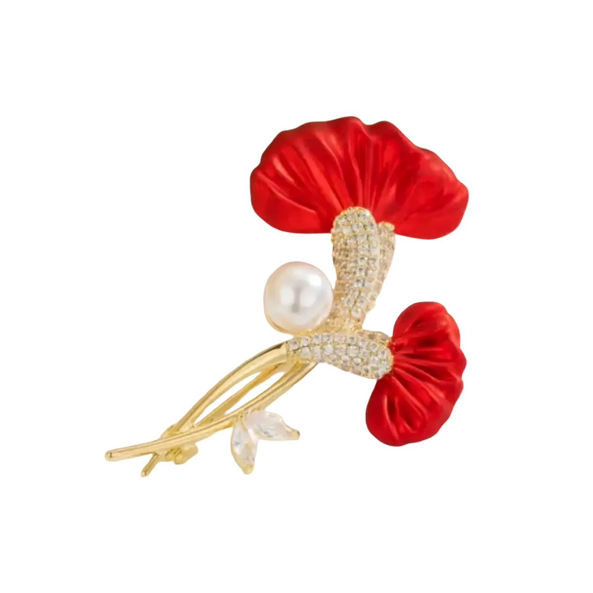 Elegant red flower crystal pearl brooch pin featuring a red ginkgo leaf with gold-tone stem and central pearl accent