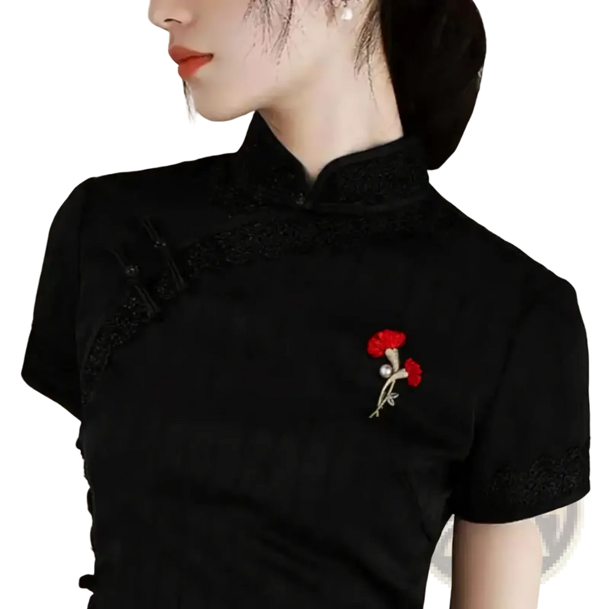 Black embroidered floral brooch with red petals and a pearl center featuring crystal accents for elegant wear