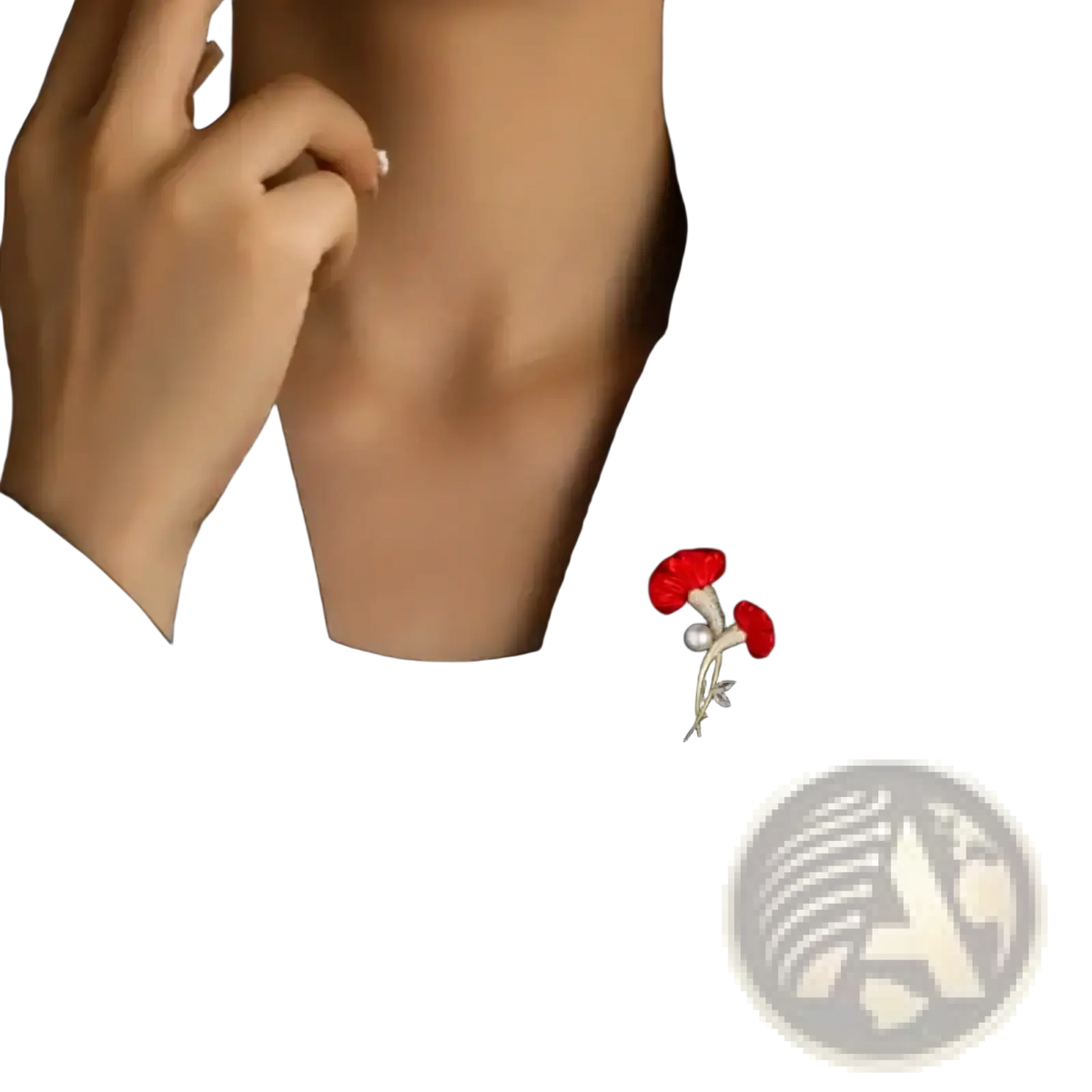 Red flower crystal pearl brooch pin with red enamel petals silver-toned stem and pearl accent on black jacket lapel