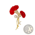 Red flower crystal pearl brooch pin with gold-toned metal, vibrant red fabric petals, central pearl, and crystal accents