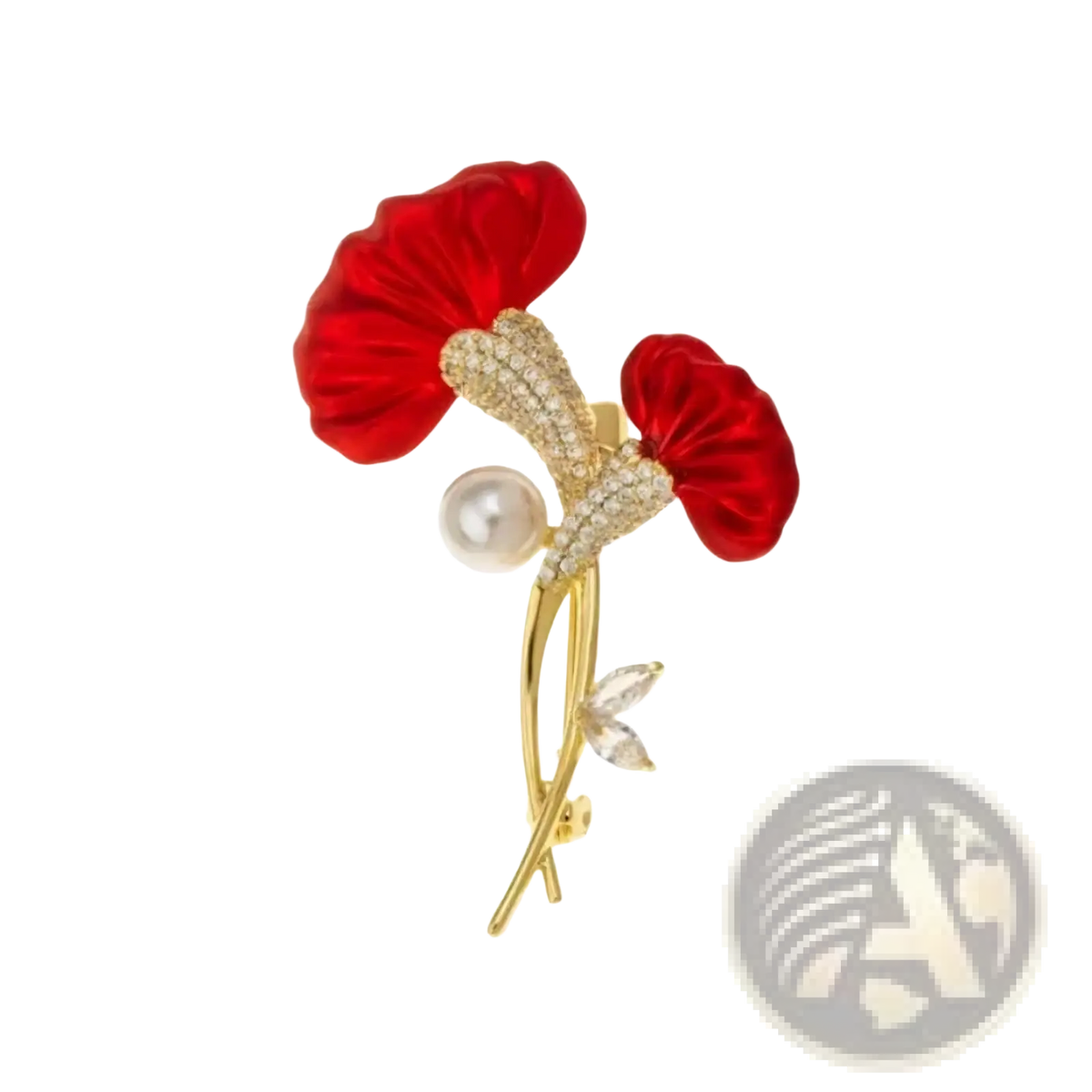 Red flower crystal pearl brooch pin with gold-toned metal, vibrant red fabric petals, central pearl, and crystal accents