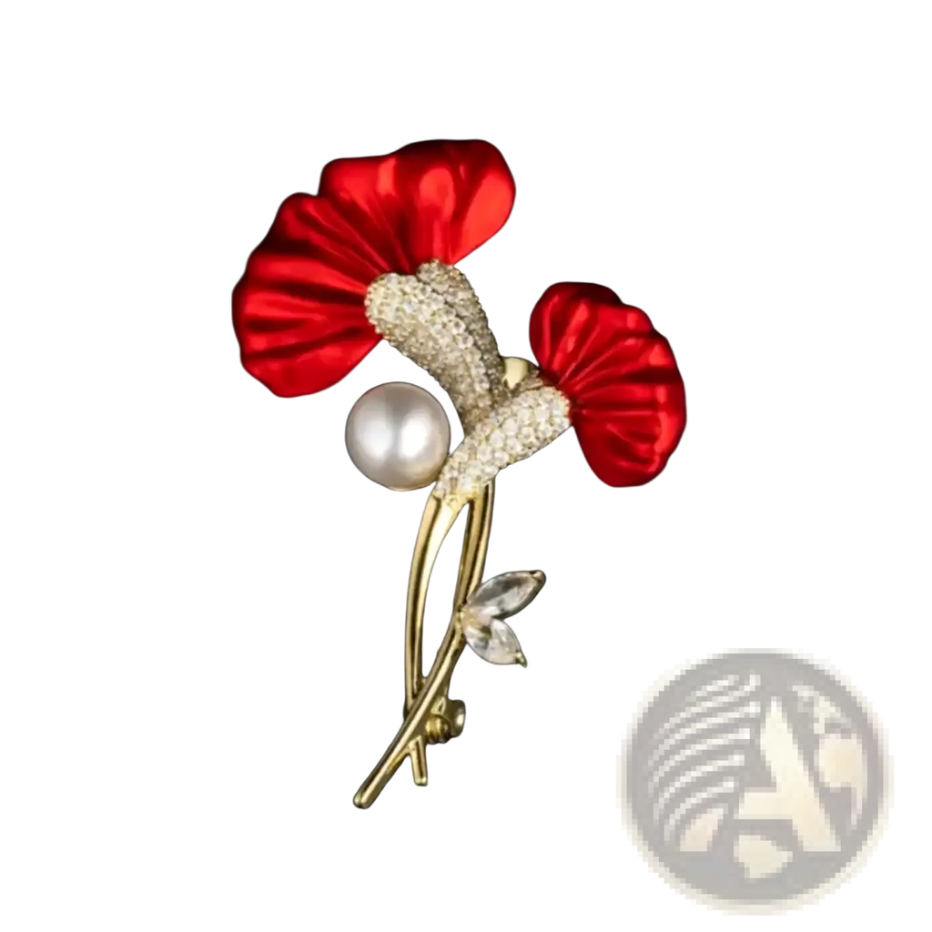 Red flower crystal pearl brooch pin with gold tone, red satin petals, central pearl, and crystal stem accents