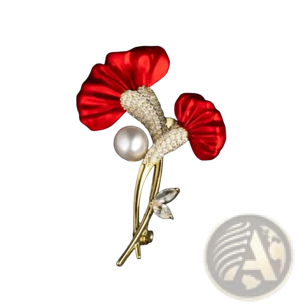Red flower crystal pearl brooch pin with gold tone, red satin petals, central pearl, and crystal stem accents