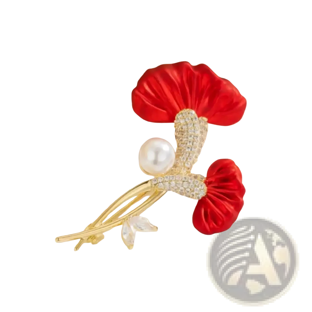 Elegant red flower crystal pearl brooch pin featuring a red ginkgo leaf with gold-tone stem and central pearl accent