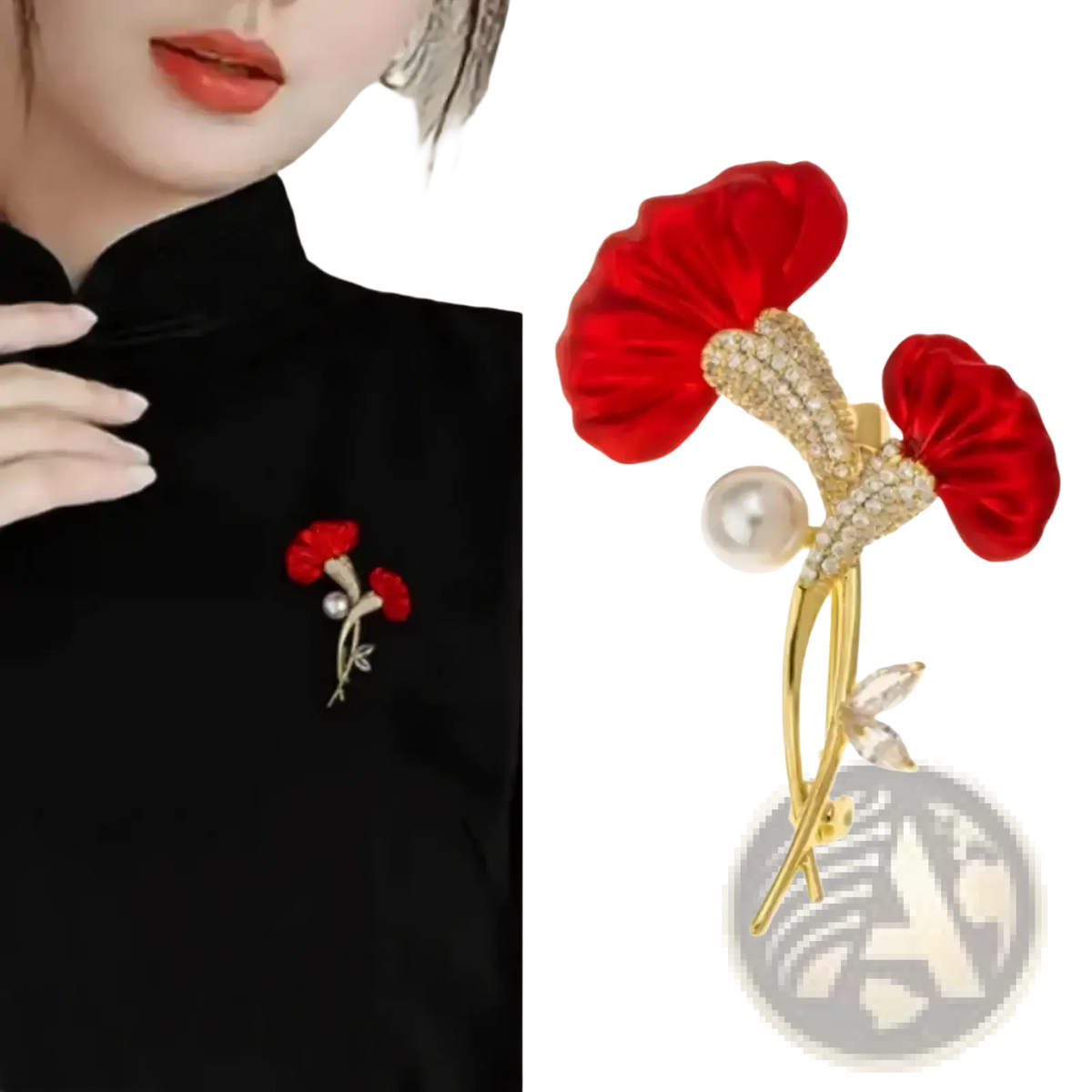 Red flower crystal pearl brooch pin featuring a red velvet flower with gold-tone stem and crystal accents