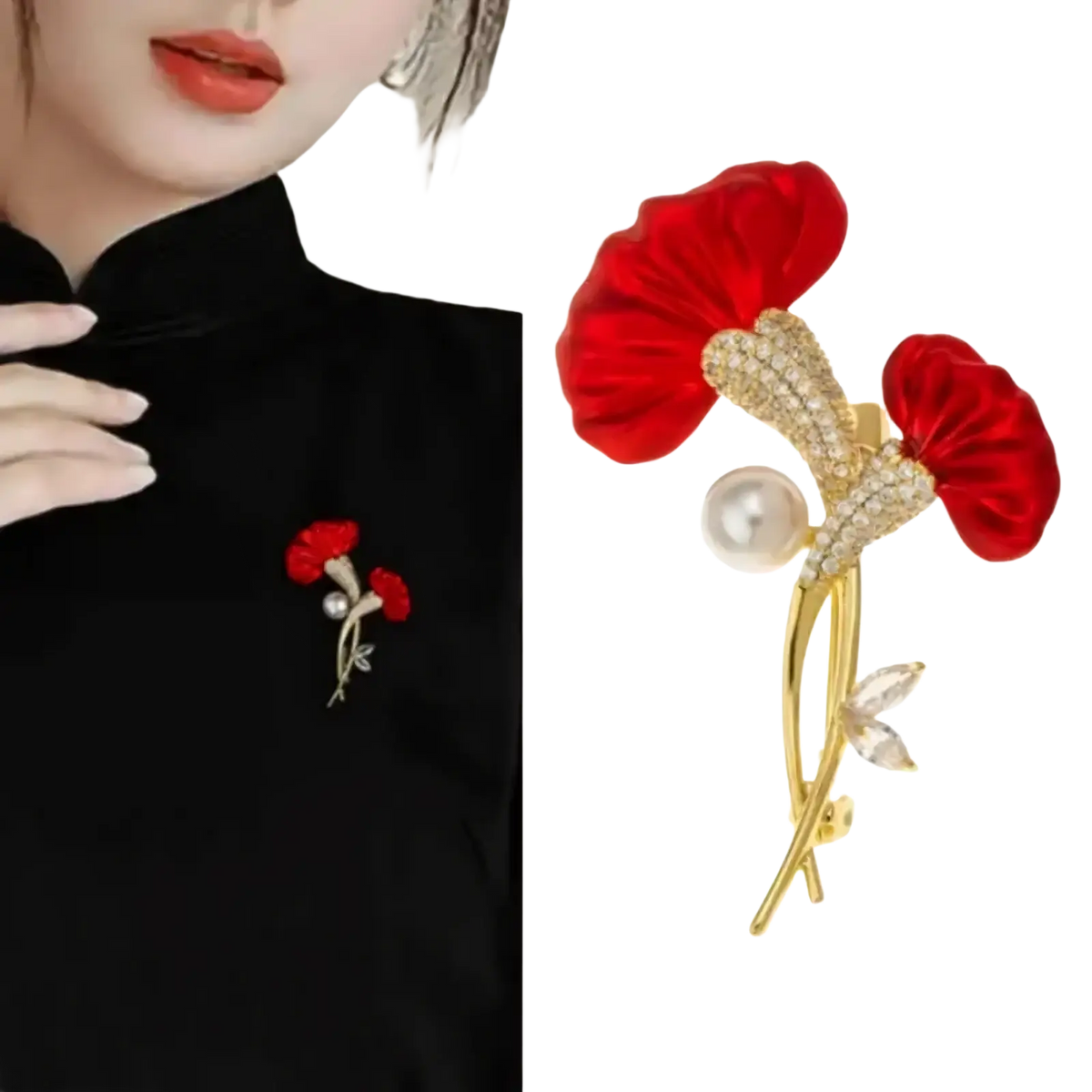 Red flower crystal pearl brooch pin featuring a red velvet flower with gold-tone stem and crystal accents
