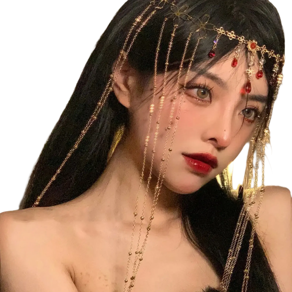 Red gemstone gold forehead chain hair pendant featuring a gold-colored chain with red gemstones and floral designs