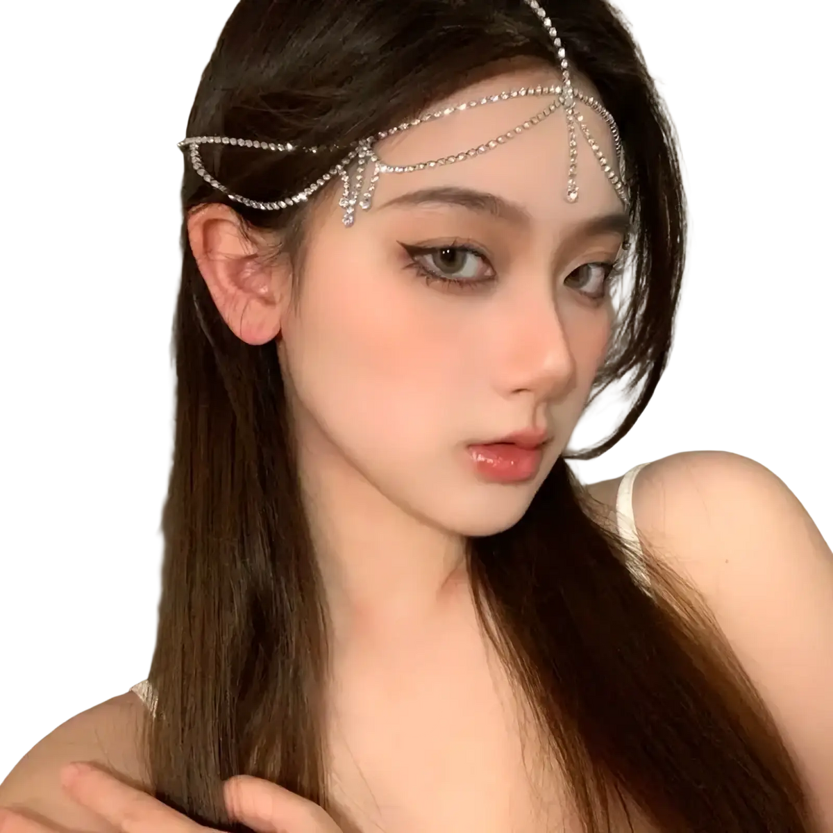 Silver rhinestone starburst headpiece with sparkling crystals and dangling chains for forehead chain hair pendant